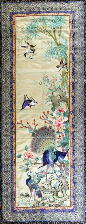 Appraisal: Chinese Qing Silk Embroidery PanelFinely made to depict peacocks and