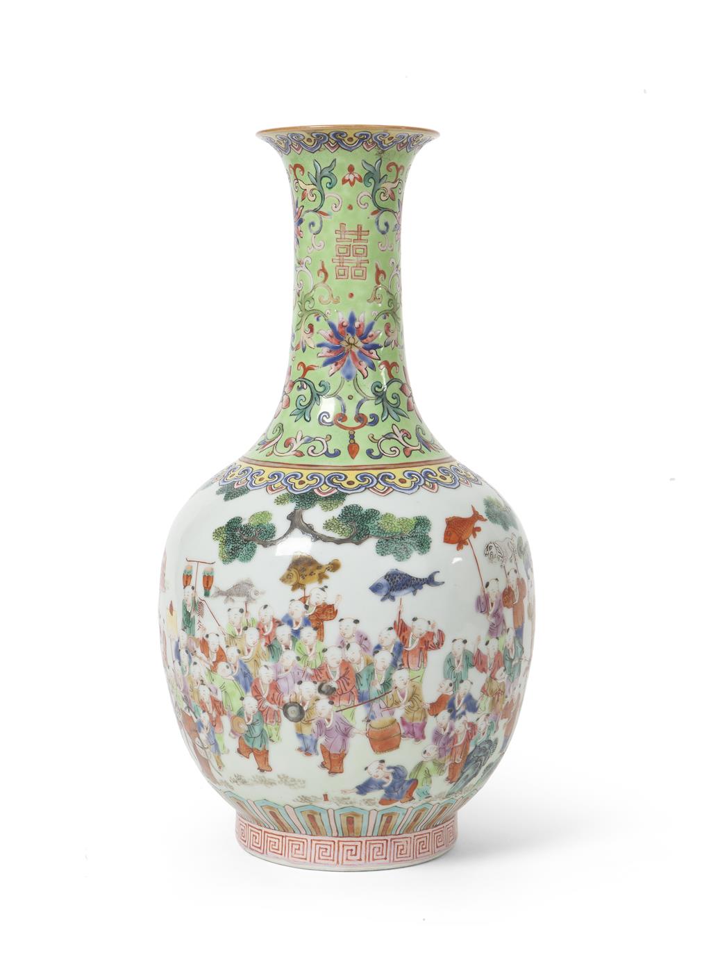 Appraisal: LIME-GREEN GROUND FAMILLE ROSE 'HUNDRED BOYS' BOTTLE VASE JIAQING MARK