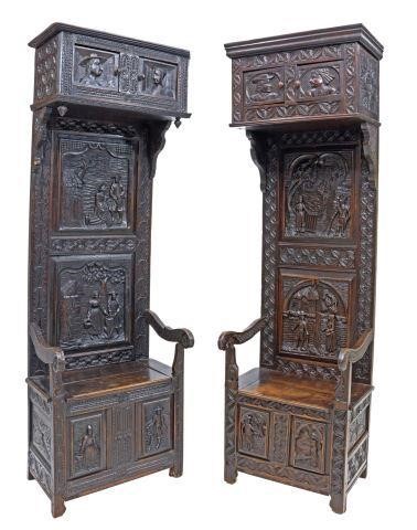 Appraisal: lot of French carved oak tall back hall benches Brittany