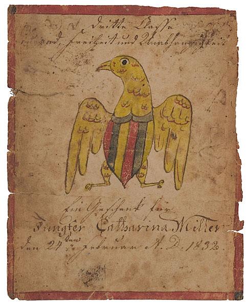 Appraisal: FRAKTUR SCHOOL AWARD WITH AMERICAN EAGLE likely Pennsylvania watercolor and