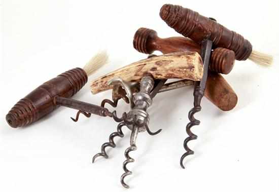 Appraisal: Continental wood and horn corkscrews th century two horse-hair brush