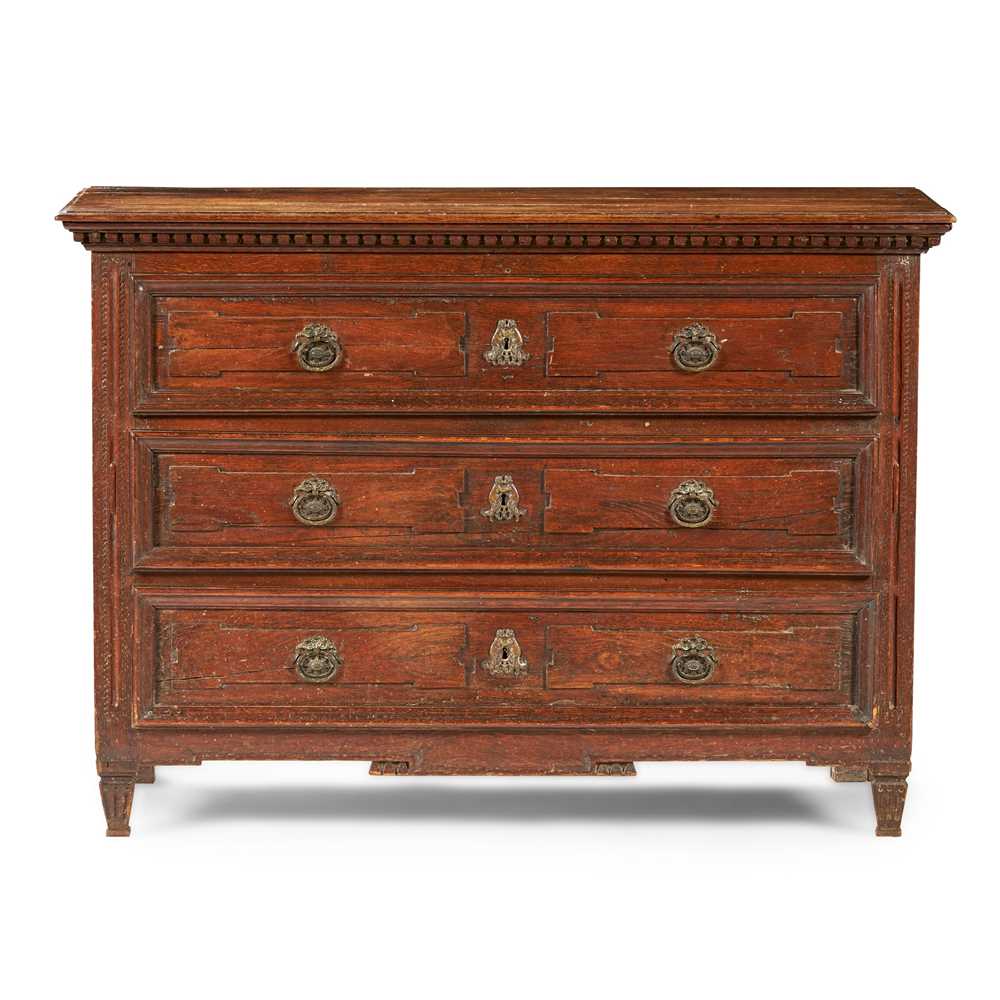 Appraisal: DUTCH OAK THREE DRAWER CHEST TH CENTURY the dentil moulded