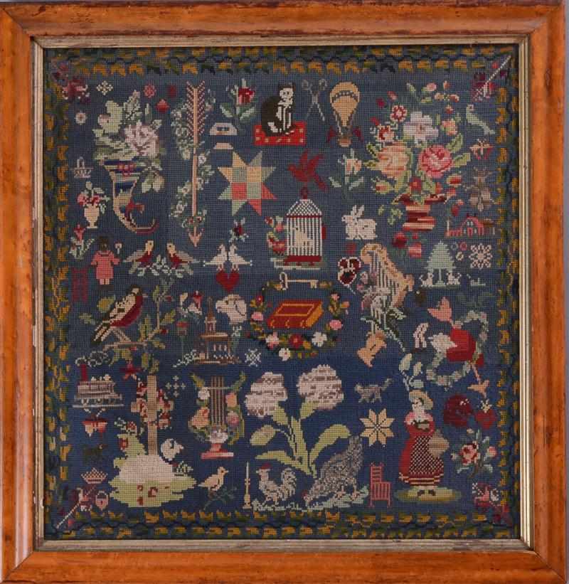 Appraisal: VICTORIAN BLUE-GROUND NEEDLEWORK PANEL Richly worked with two girls birdcage