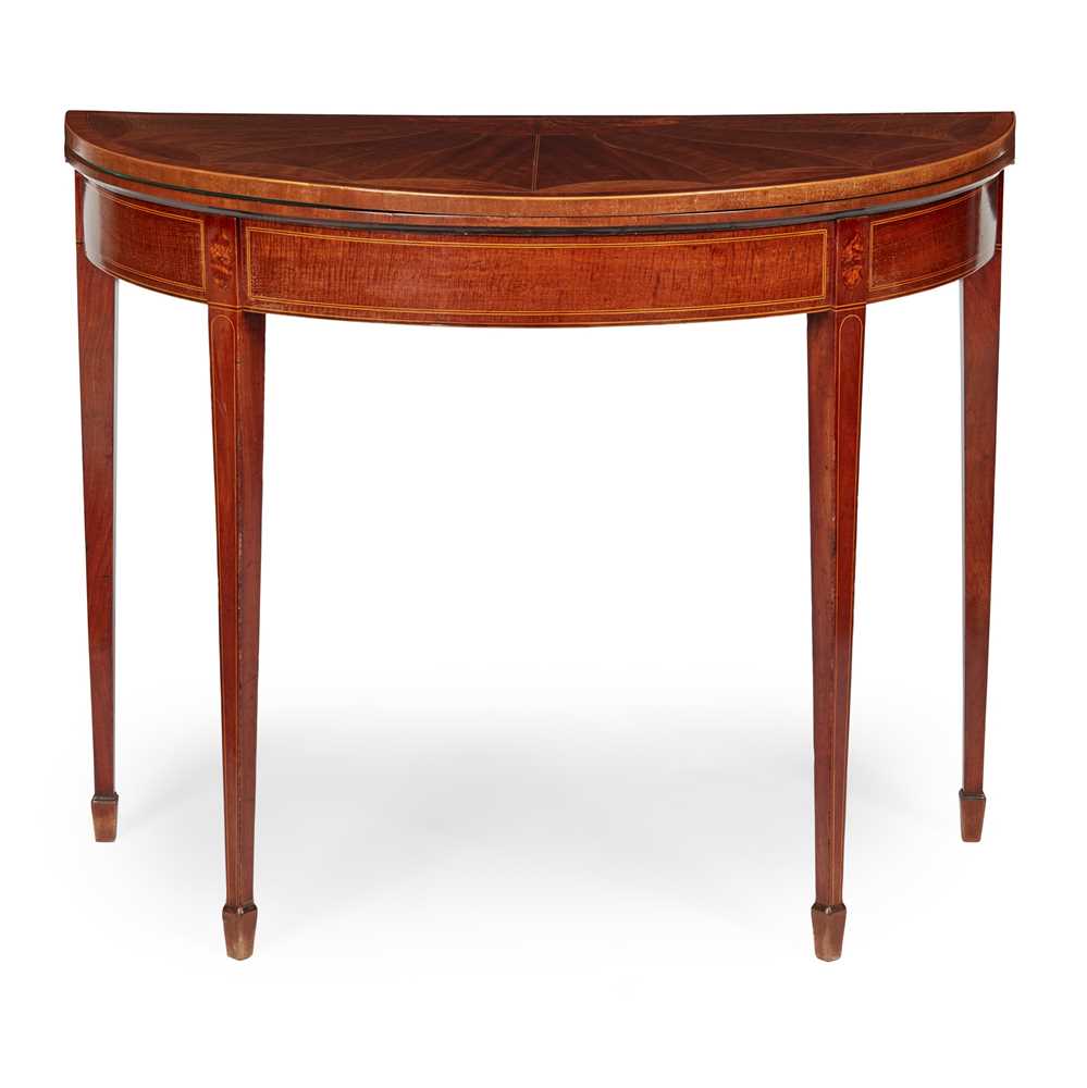 Appraisal: GEORGE III MAHOGANY AND SATINWOOD INLAID DEMILUNE CARD TABLE LATE