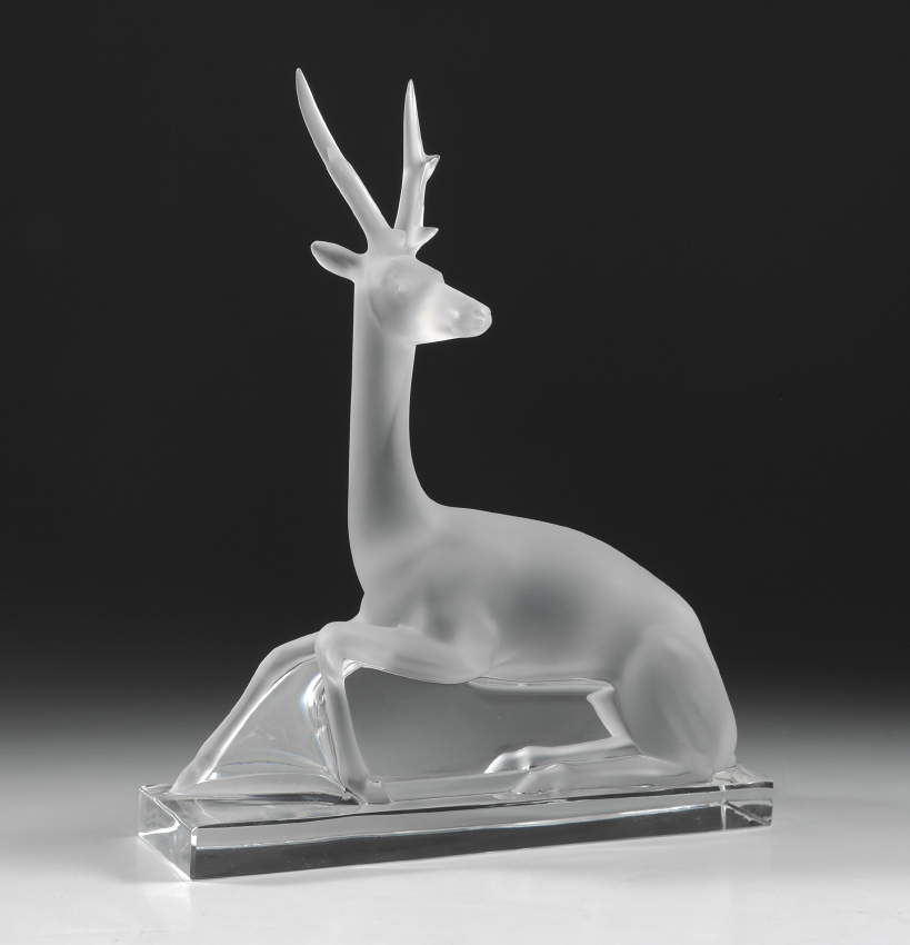 Appraisal: LALIQUE CRYSTAL STAG DEER FIGURINE Frosted deer on clear crystal