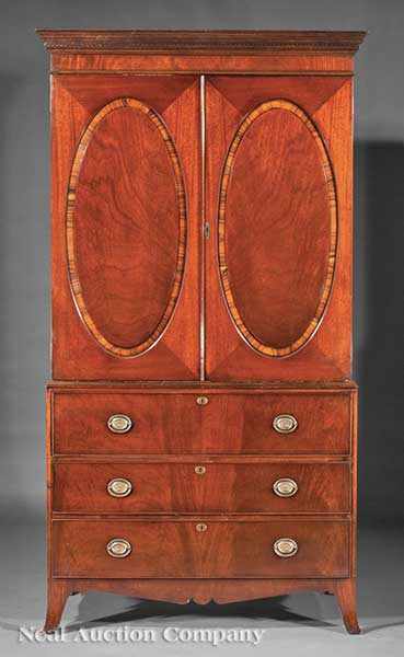 Appraisal: A George III-Style Mahogany Linen Press and S cr taire