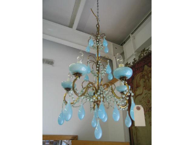 Appraisal: Italian Art Glass Chandelier blue opaque prisms and swags on