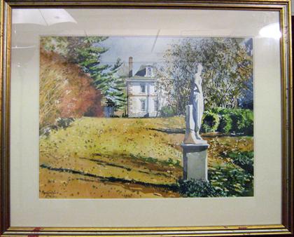 Appraisal: DAVID COOLIDGE Landscape with house and garden statue in foreground