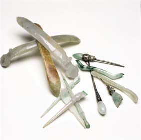 Appraisal: JADE PICKS AND HAIR PINS WITH SPOON Group of eight