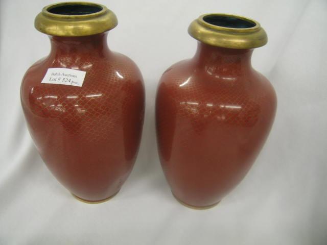 Appraisal: Pair of Chinese Cloisonne Vases fishscale decor red