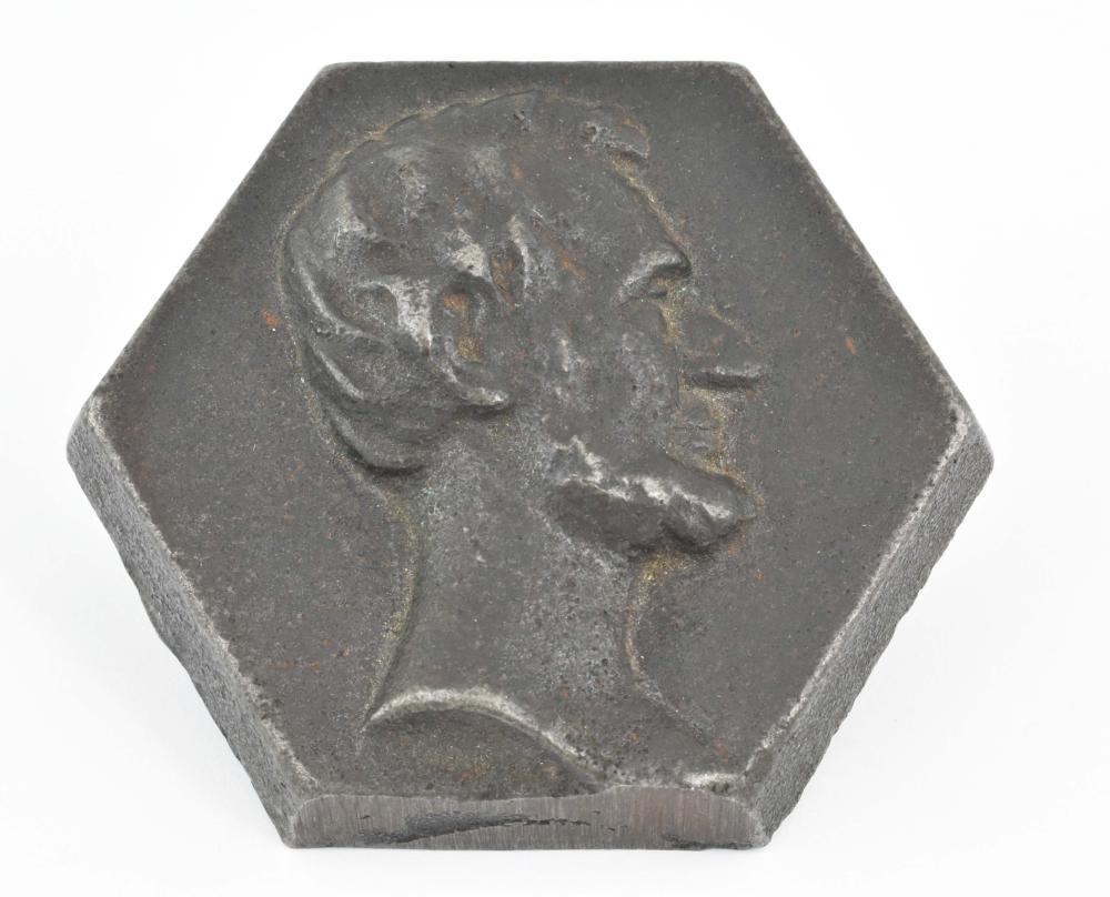 Appraisal: LINCOLN IN PROFILE HEXAGONAL METAL TILE MOLDCirca The reverse with