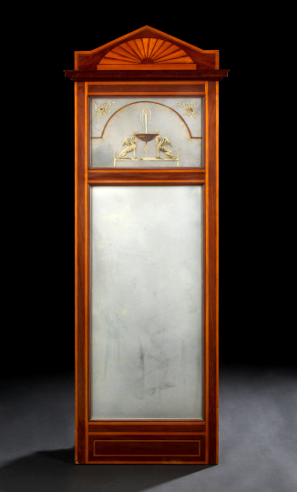 Appraisal: Neoclassical-Style Inlaid Mahogany Looking Glass the bisected plate surmounted by