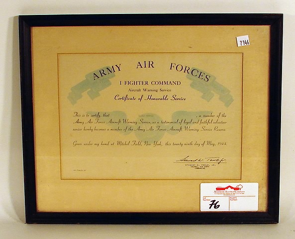 Appraisal: Framed document given by Army Air Forces Fighter Command for