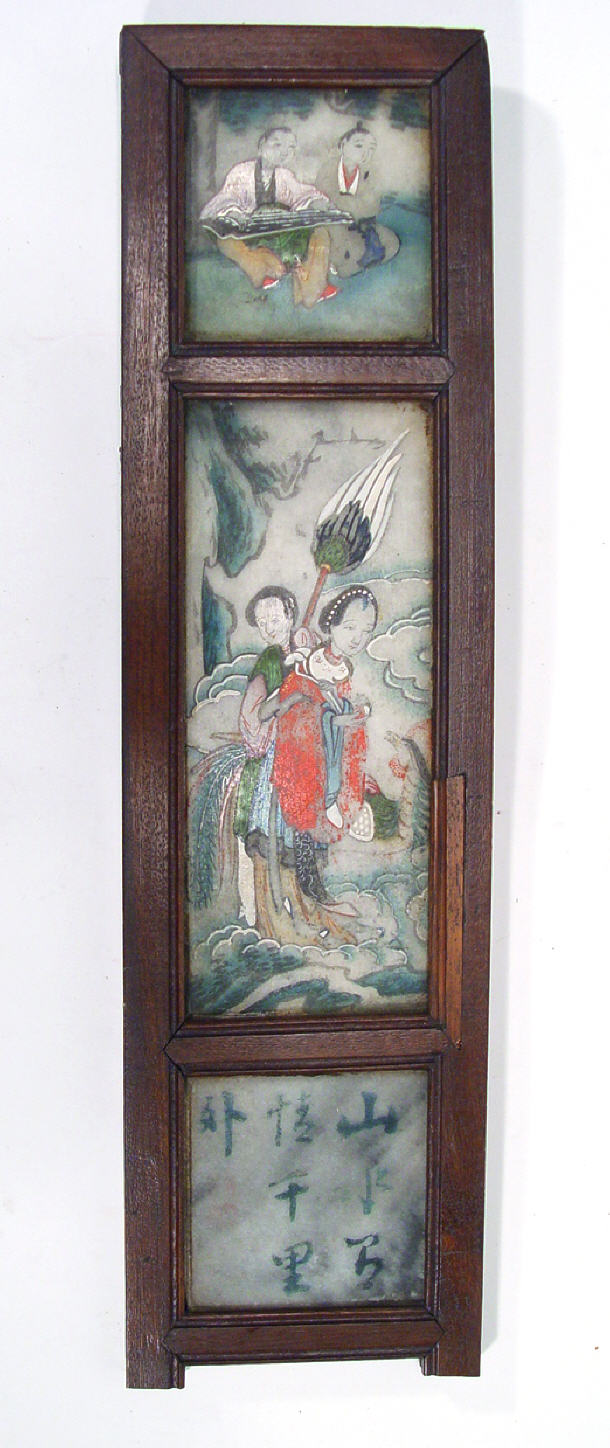 Appraisal: Oriental soapstone three section panel painted with figures playing musical