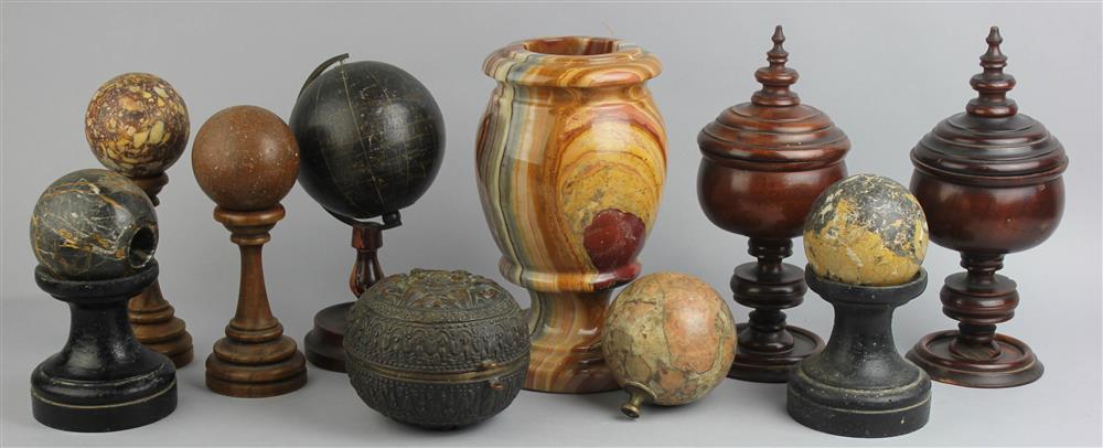 Appraisal: GROUP OF MISCELLANEOUS ORNAMENTS INCLUDING MARBLE BALLS STANDS A MARBLE