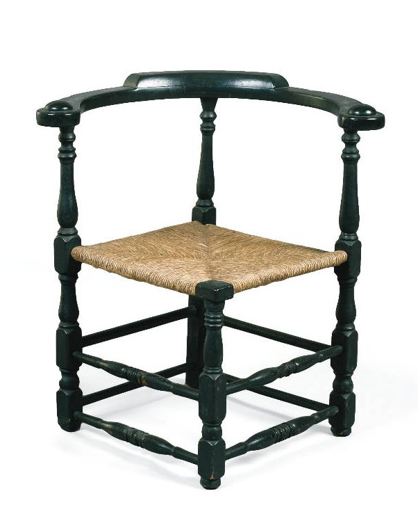 Appraisal: AMERICAN COUNTRY QUEEN ANNE BLACK PAINTED CORNER CHAIR WITH RUSH