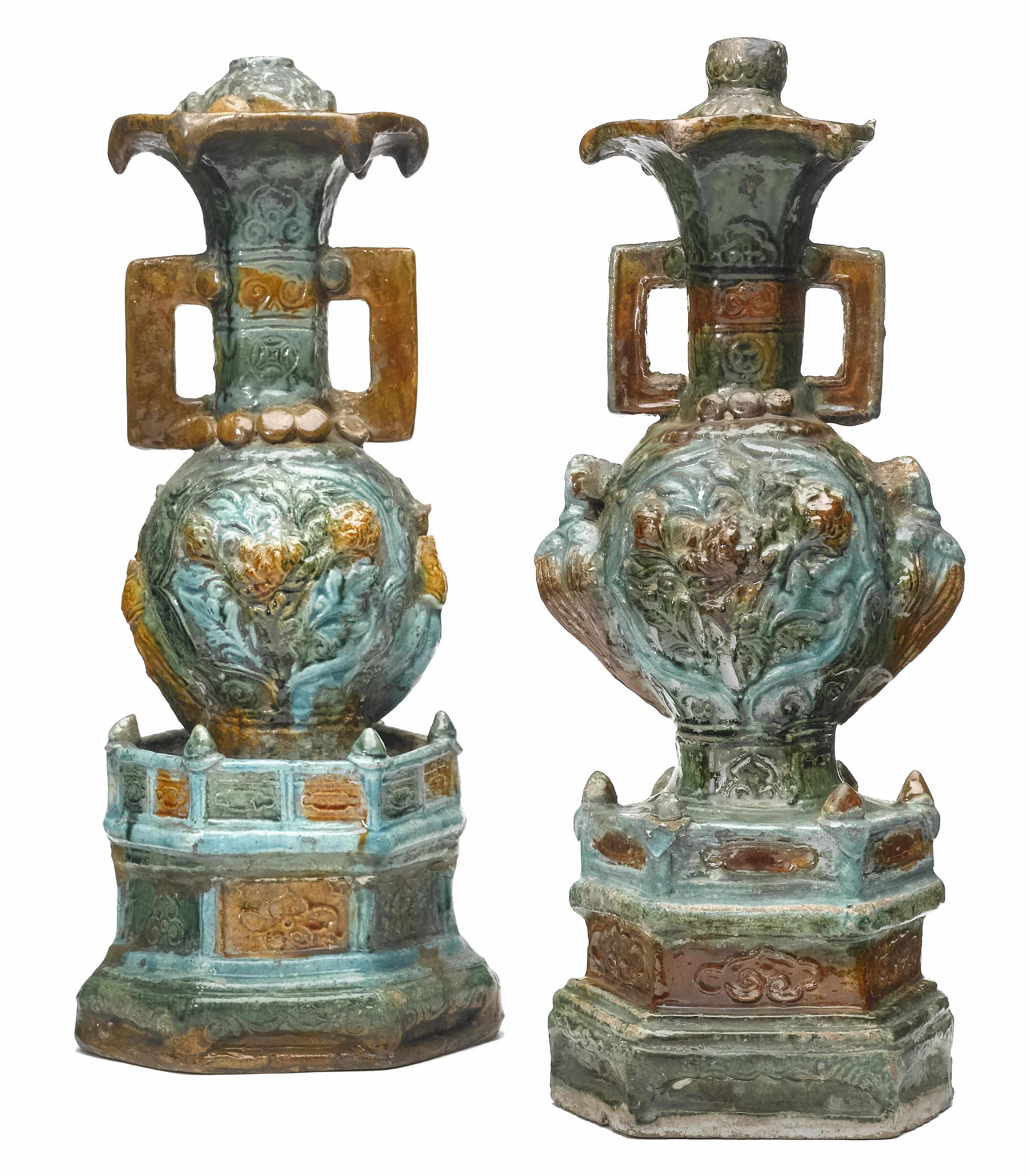 Appraisal: A pair of Fahua style ceramic candlestands late Ming Dynastyheight