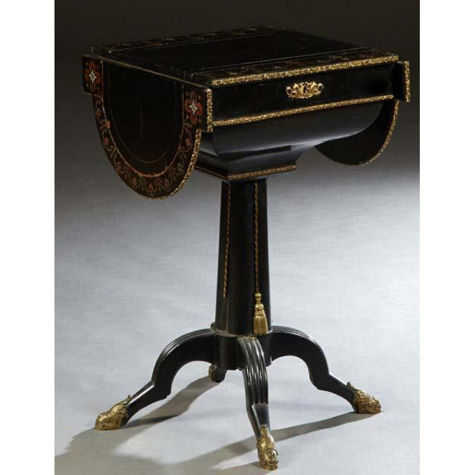 Appraisal: English Brass and Mother-of-Pearl Ormolu Mounted Inlaid Ebonized Drop Leaf