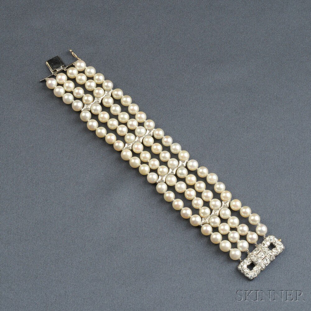 Appraisal: Cultured Pearl and Diamond Bracelet composed of four rows of