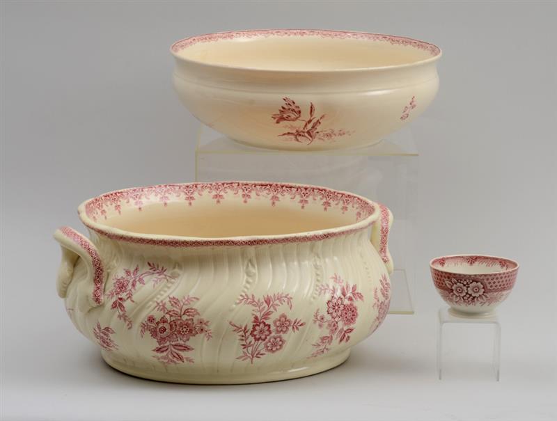 Appraisal: THREE FRENCH TRANSFER-PRINTED ARTICLES Comprising an in two-handled basin by