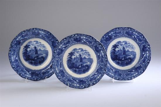 Appraisal: THREE STAFFORDSHIRE FLOW BLUE SOUP PLATES Centered with figural landscape