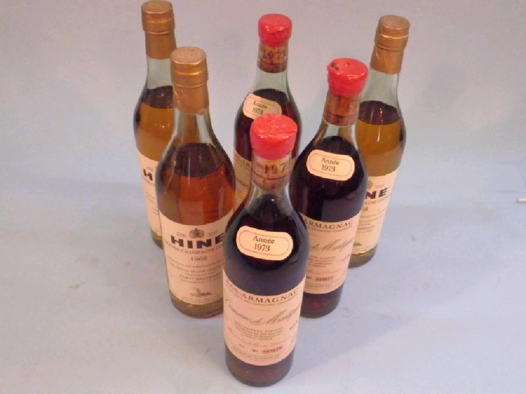 Appraisal: Three bottles of Hine cognac and three bottles of Domain