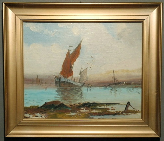 Appraisal: English oil on artist board painting of moored sailboats x