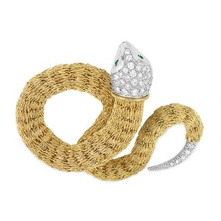 Appraisal: Gold Mesh Diamond and Emerald Snake Brooch Cartier Estimate -