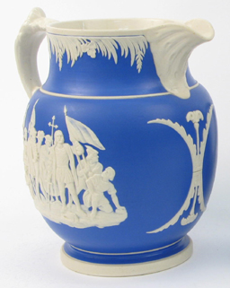 Appraisal: A TH CENTURY COPELAND BLUE JASPERWARE PITCHER commemorating Columbus discovery