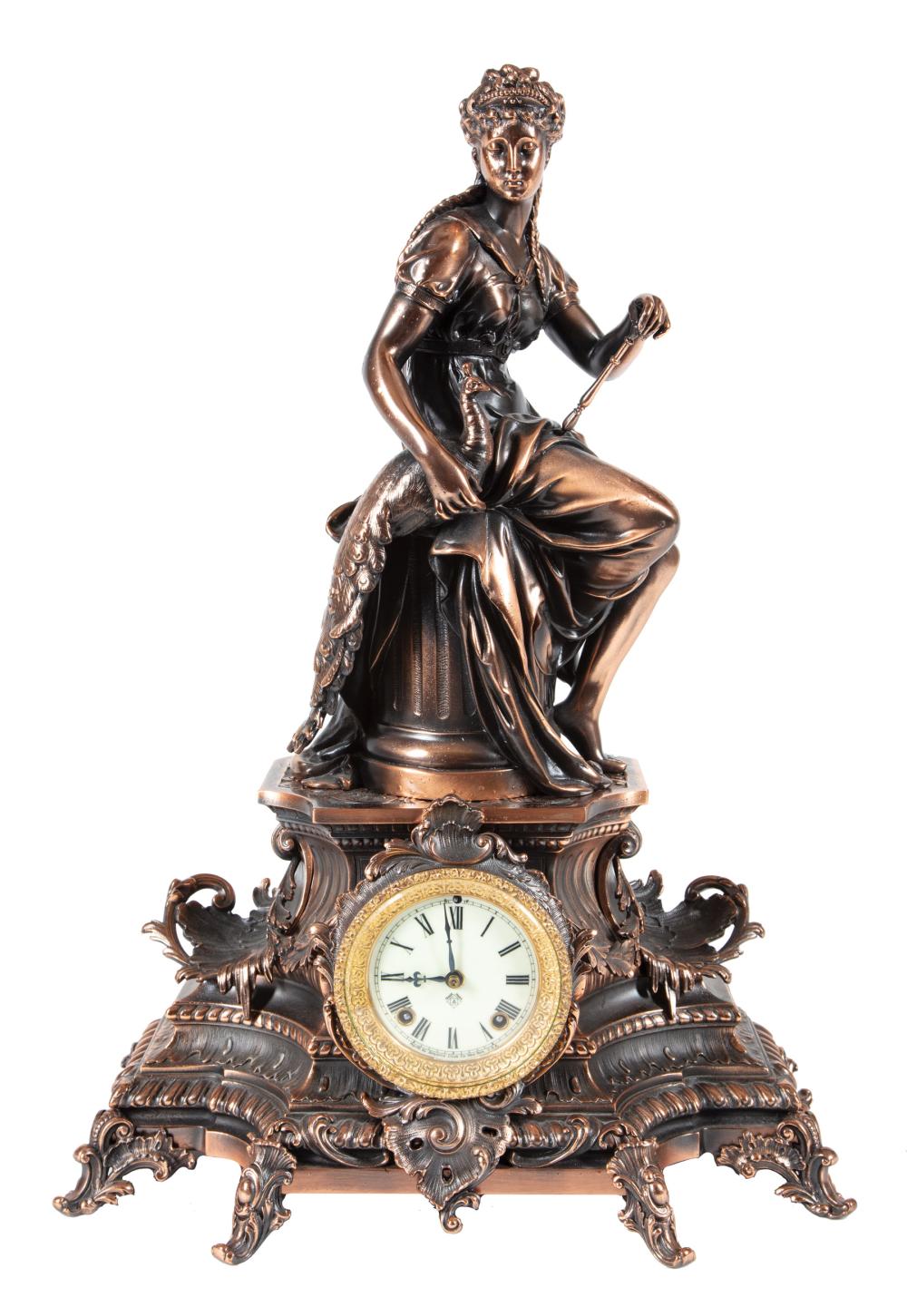 Appraisal: American Patinated Metal Figural Mantel Clock late th c Ansonia