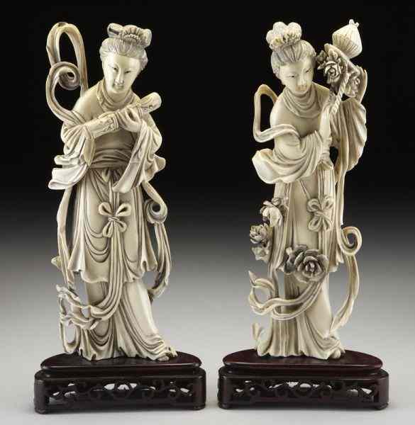 Appraisal: Pr Chinese carved ivory ladies International buyers should note that