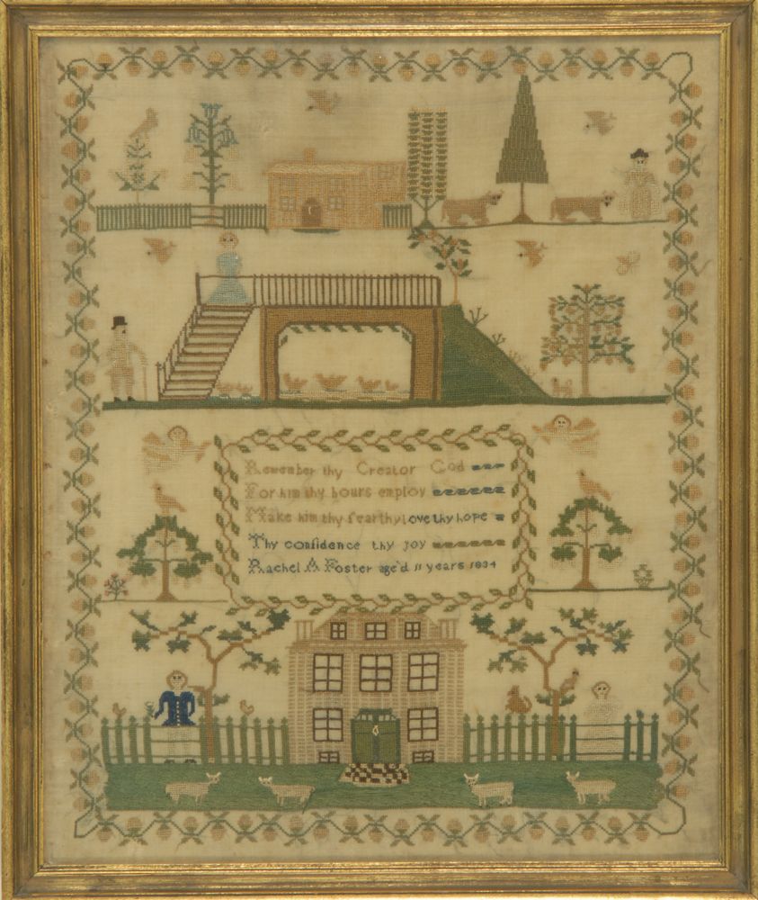 Appraisal: FRAMED NEEDLEWORK SAMPLER Early th CenturyWrought by Rachel A Foster