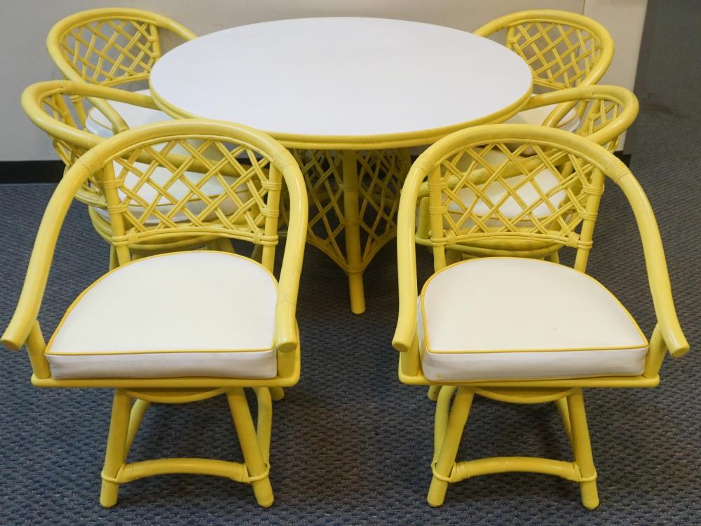 Appraisal: YELLOW PAINTED FAUX RATTAN ENAMEL TOP ROUND DINING TABLE AND