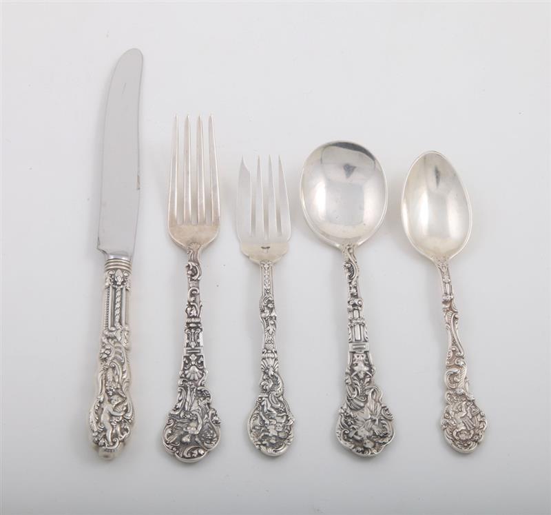 Appraisal: GORHAM MONOGRAMMED SILVER FIFTY-PIECE PART FLATWARE SERVICE Initialed 'E' in