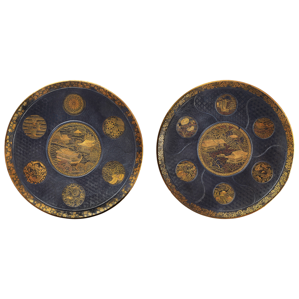 Appraisal: NEAR PAIR OF INLAID IRON DISHES BY THE KOMAI COMPANY