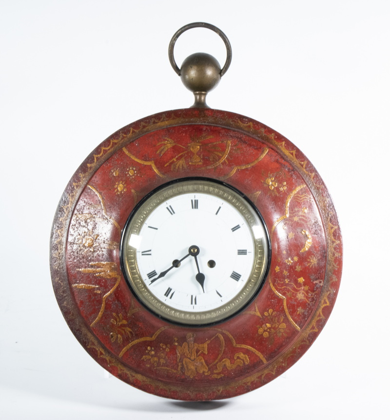 Appraisal: TOLE PAINTED ROUND WALL CLOCK th c French Chinoiserie Painted