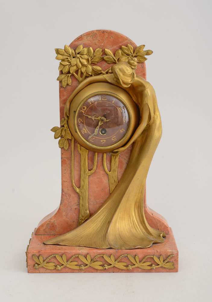 Appraisal: ART NOUVEAU GILT-METAL AND FLEUR DE PECHE MARBLE MANTLE CLOCK