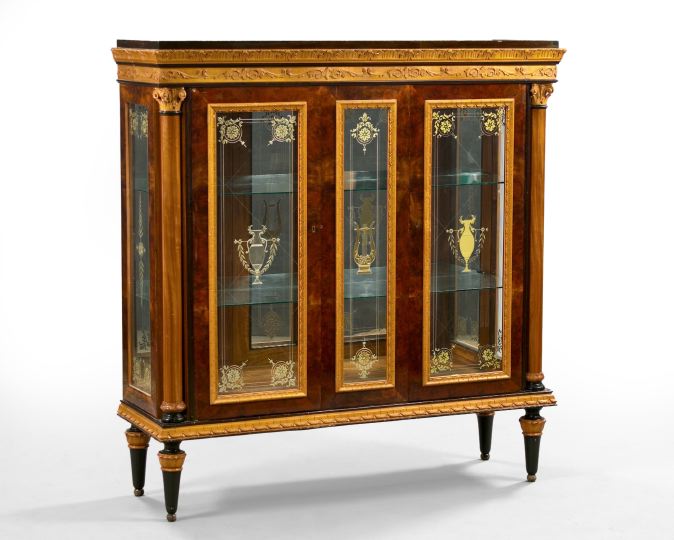 Appraisal: Louis XVI-Style Glazed Ebonized and Burlwood Vitrine the molded and