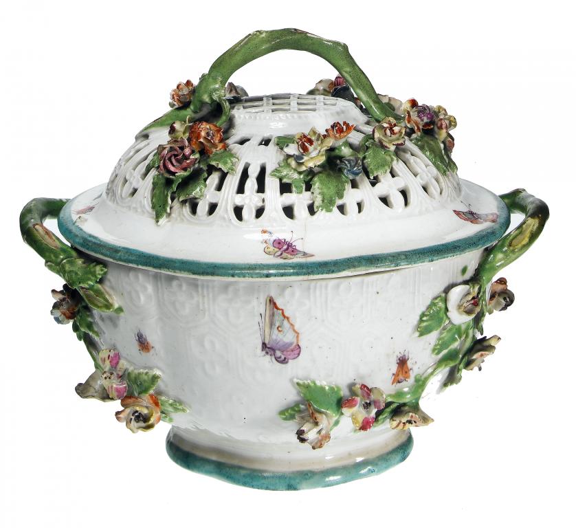 Appraisal: A DERBY CHESTNUT BASKET AND COVER enamelled with insects and