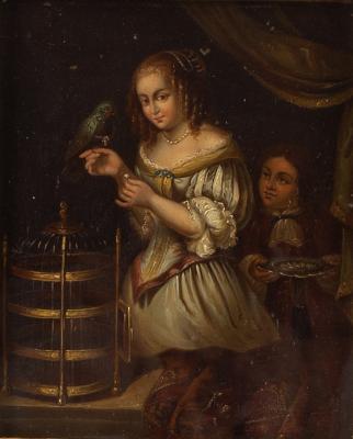 Appraisal: th Century German School after Caspar Netscher Woman Feeding a