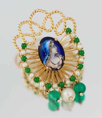 Appraisal: Ladies' French Enamel Pearl and Green Onyx Brooch k yellow