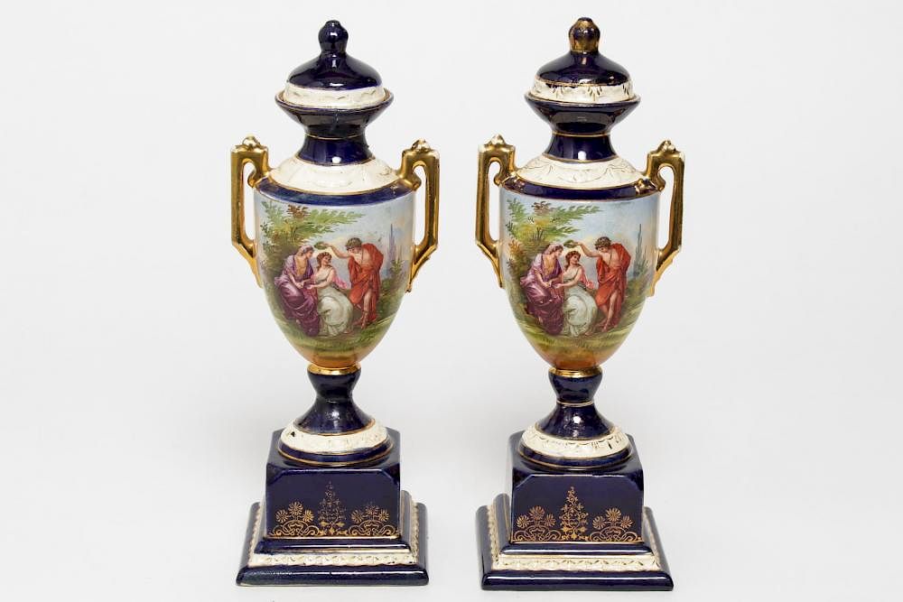 Appraisal: Sevres Manner Porcelain Urns Continental Pair Continental Sevres manner porcelain