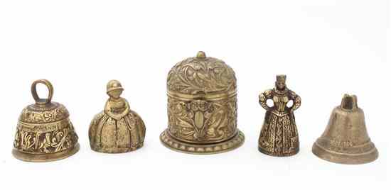 Appraisal: A Group of Five Brass Articles comprising two figural bells