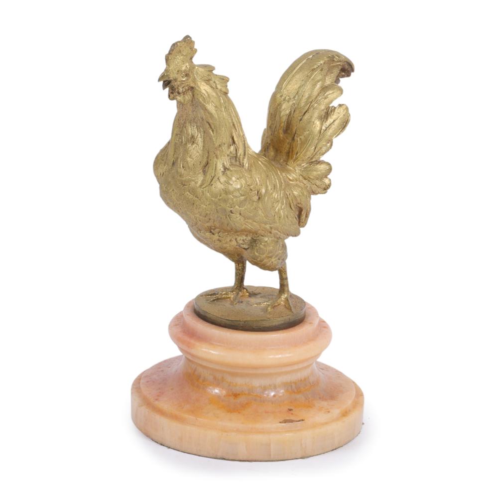 Appraisal: FRENCH SCHOOL GILT BRONZE ANIMALIER ROOSTER FIGURE ON PINK MARBLE