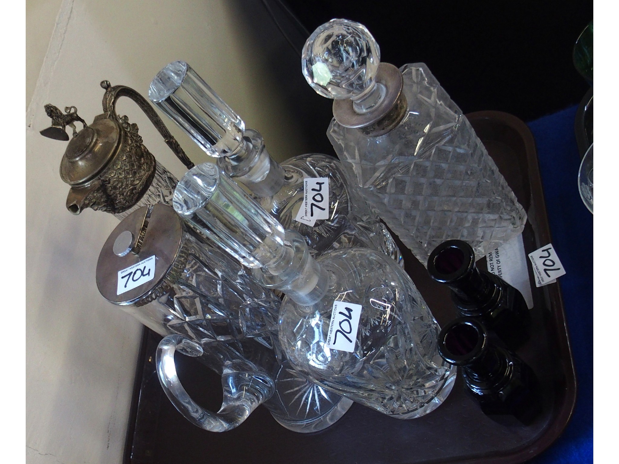 Appraisal: Tray comprising pair of cut glass decanters glass decanter with