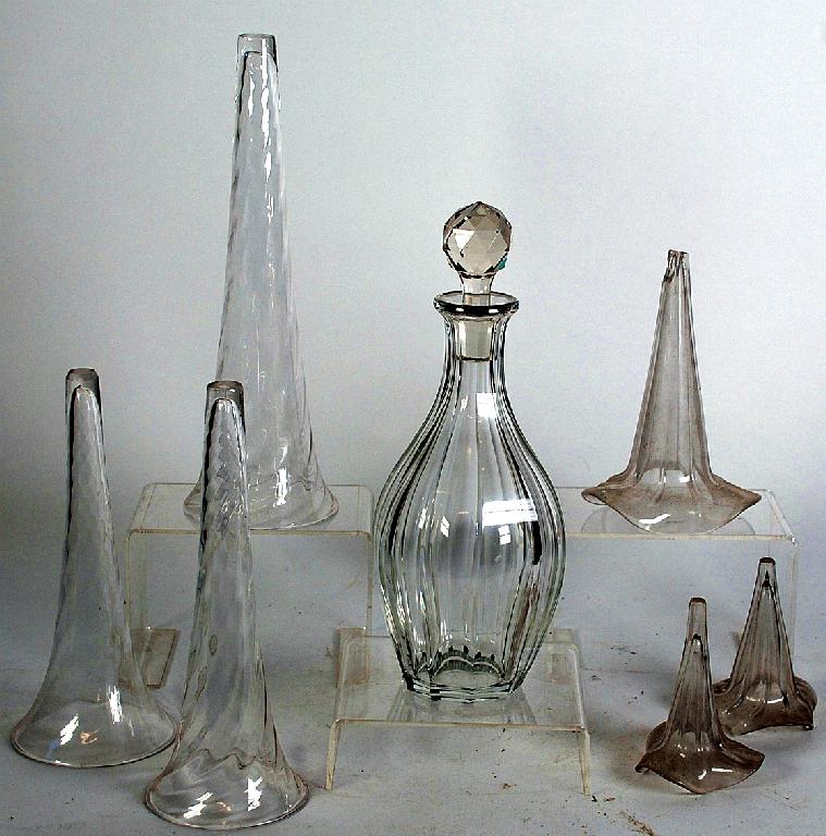 Appraisal: SET OF THREE SPIRAL FLUTED CLEAR GLASS EPERGNE VASES AND