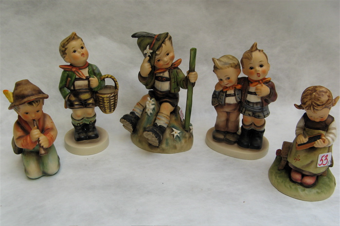 Appraisal: FIVE GERMAN HUMMEL FIGURES all TM- Including Busy Student HUM