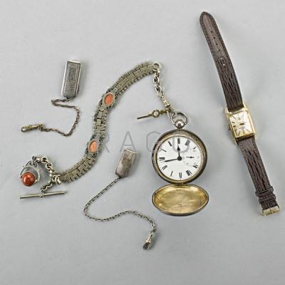 Appraisal: TWO TIMEPIECES AND THREE WATCH ACCESSORIES Waltham curved g f