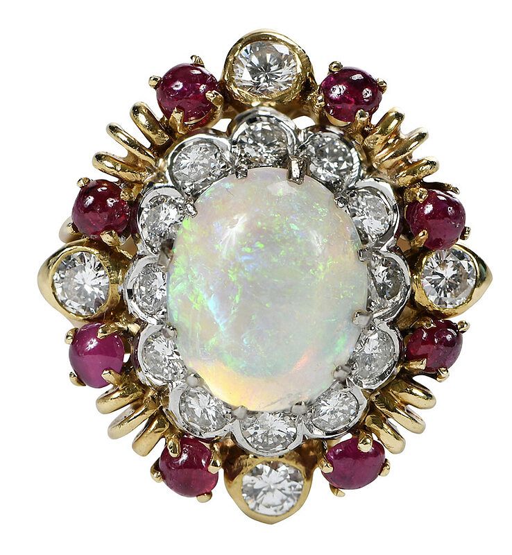 Appraisal: kt Opal Diamond and Ruby Ring center opal cabochon approx