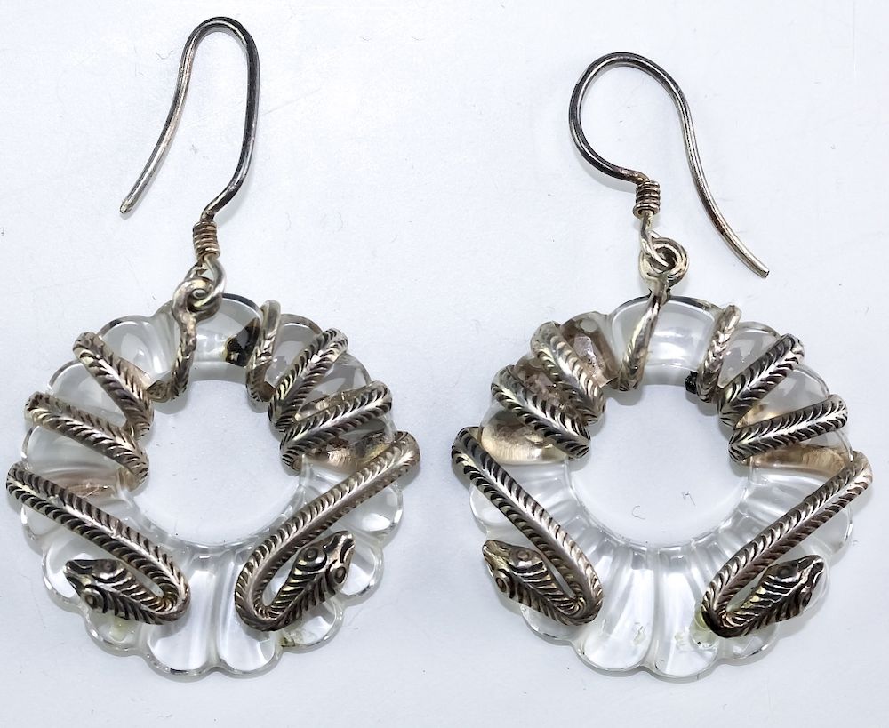 Appraisal: Antique Sterling Silver Snake Crystal Earrings Estate pair of sterling